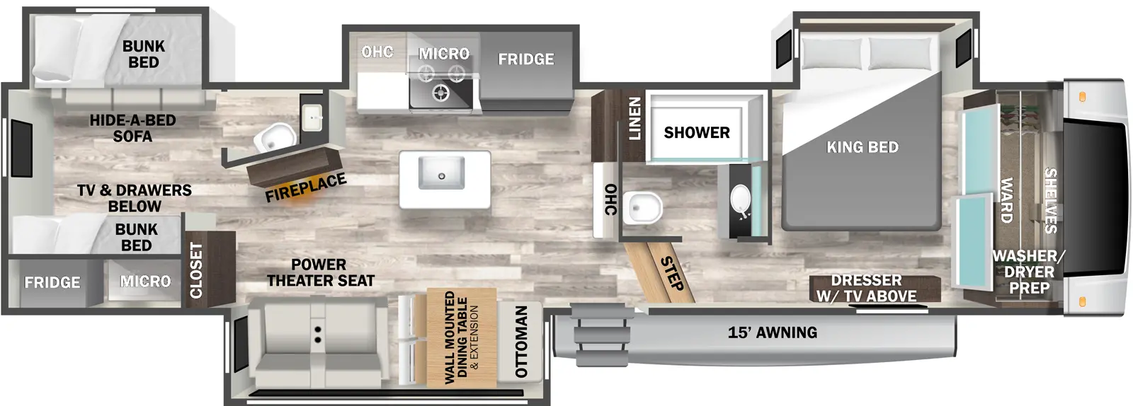 The 3325BH has four slideouts and one entry. Exterior features a 15 foot awning, and a outside kitchen with refrigerator and microwave. Interior layout front to back: front wardrobe with shelves and washer/dryer prep, off-door side king bed slideout, and door side dresser with TV above; off-door side full bathroom with  linen closet; steps down to main living area and entry; kitchen island with sink; overhead cabinet along inner wall; off-door side slideout with refrigerator, microwave, cooktop, and overhead cabinet; door-side slideout with wall-mounted dining table with extension and ottoman, and power theater seat; angled fireplace along inner wall; door side closet; rear bunk house with off-door side half-bath, off-door side slideout with a bunk bed above a hide-a-bed sofa, and a door side bunk bed with TV & drawers below.